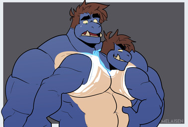 anthro barazoku belly black_eyebrows bodily_fluids border brown_hair clone confusion duo eyebrows grey_background grin hair looking_at_another male muscular muscular_anthro muscular_male open_mouth phasing_through_another possession simple_background smile sweat tan_belly tan_teeth teeth text white_border melaisen noku_nei_cipactli crocodilian reptile scalie 2022 absurd_res artist_name digital_drawing_(artwork) digital_media_(artwork) flat_colors half-length_portrait hi_res portrait