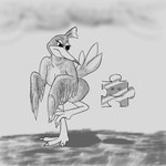 anthro big_breasts bird_legs breasts confusion feathered_wings feathers featureless_breasts female glistening glistening_object jiggy nude on_one_leg shadow smug_face solo standing tail tail_feathers thick_thighs wings heelipmo banjo-kazooie rareware kazooie animate_inanimate avian breegull 1:1 absurd_res digital_drawing_(artwork) digital_media_(artwork) hi_res monochrome shaded