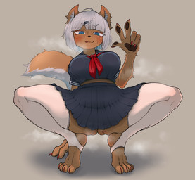 4_toes 5_fingers accessory anthro arm_support bangs biped blush bodily_fluids bottomwear breasts brown_body brown_fur butt butt_from_the_front claws clothed clothing crouching feet female fingerpads fingers front_view fur green_eyes grey_body grey_fur grey_hair hair hair_accessory hairclip heart_eyes heart_symbol inner_ear_fluff kemono legwear licking licking_lips looking_at_viewer low-angle_view multicolored_body multicolored_fur no_underwear painted_claws pawpads paws red_claws school_uniform short_hair simple_background skirt solo spread_legs spreading steam stirrup_legwear stirrup_stockings stockings straight_hair sweat thick_thighs toes tongue tongue_out tuft two_tone_body two_tone_fur uniform white_hair chikarasox felid feline mammal absurd_res digital_media_(artwork) hi_res