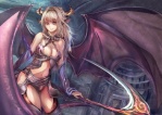 breasts female hair horn humanoid_pointy_ears long_hair melee_weapon membrane_(anatomy) membranous_wings not_furry pointy_ears polearm scythe solo weapon wings deeperocean demon