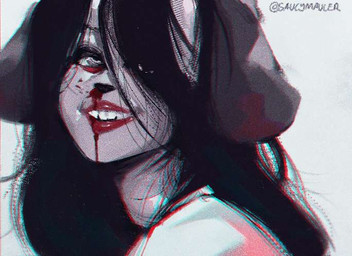 anthro blood bodily_fluids female floppy_ears hair hair_over_eye lipstick long_hair makeup nosebleed open_mouth open_smile red_lipstick simple_background smile solo white_background saucymauler spikedmauler_(fursona) canid canine canis domestic_dog mammal 2026 chromatic_aberration compression_artifacts monochrome signature