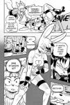 2018 anthro breasts cleavage cleavage_cutout clothed clothing comic cookie_(furryfight_chronicles) cutout daigaijin dialogue english_text exclamation_point female furryfight_chronicles hi_res jumpsuit kalita_(furryfight_chronicles) lagomorph leotard leporid mammal monochrome muko open_mouth rabbit rodent sciurid speech_bubble text tree_squirrel