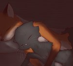 anthro bed bedding blanket duo eyes_closed female furniture hug male male/female pillow sleeping whiskers cdt2s snowflake_(cdt2s) canid canine domestic_cat felid feline felis fox mammal red_fox true_fox hi_res