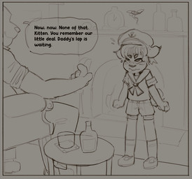 age_difference alcohol anthro beverage clothing detailed_background duo embarrassed fireplace male older_male sailor_uniform speech_bubble standing uniform young younger_male skidoo minnow_(skidoo) felid feline lynx mammal monochrome sketch
