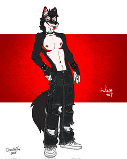 anthro black_body black_fur boots chain chain_necklace clothing ear_piercing ear_ring ears_up facial_piercing footwear fur hand_on_hip jewelry looking_at_viewer male necklace nipple_piercing nipples nose_piercing nose_ring piercing red_eyes ring ring_piercing shoes socks solo spikes tail tongue tongue_out torn_clothing white_body white_fur bartek22 wayne_(bartek22) canid canine canis mammal wolf hi_res