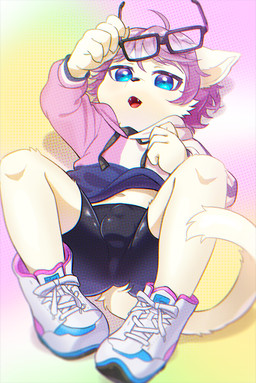 5_fingers abstract_background ahoge anthro bangs black_bottomwear black_clothing black_spandex blue_clothing blue_hoodie blue_topwear bottomwear bulge cat_tail cheek_tuft clothed clothing curled_tail cute_fangs ears_down eyewear facial_tuft fangs fingers footwear fur glasses glistening glistening_bottomwear glistening_clothing glistening_shorts hair holding_eyewear holding_glasses holding_object hoodie looking_at_viewer lying male multicolored_clothing multicolored_topwear navel on_back open_mouth pink_clothing pink_hair pink_hoodie pink_topwear pivoted_ears raised_clothing raised_hoodie raised_topwear shoelaces shoes shorts solo spandex spandex_clothing spandex_shorts spread_legs spreading sweater tail teasing teasing_viewer teeth tight_bottomwear tight_clothing tight_shorts tongue topwear tuft white_body white_clothing white_fur white_hoodie white_topwear young young_anthro young_male kuzugitsune domestic_cat felid feline felis mammal