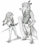 anthro clothed clothing cybernetic_leg cybernetic_limb duo female fur great_sword hutton_sabre long_ears male simple_background size_difference smile white_background shadow-gate disney zootopia judy_hopps nick_wilde canid canine fox lagomorph leporid mammal rabbit red_fox true_fox absurd_res greyscale hi_res monochrome