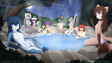 anthro bath bathing big_breasts blue_body blue_eyes blue_fur blue_hair blush breasts brown_body brown_fur brown_hair casual_nudity cheek_tuft chest_tuft convenient_censorship dark_body dark_skin detailed_background eyes_closed facial_tuft featureless_breasts female fur gloves_(marking) gradient_hair green_eyes green_hair grey_body grey_fur grey_hair group hair hot_spring leg_markings looking_at_another markings naturally_censored navel nude open_mouth outside partially_submerged purple_hair red_hair scales short_hair sitting sky small_breasts smile socks_(marking) text towel towel_only tuft water wet wet_body wet_fur white_body white_fur willfurr mythology skyline_(comic) ayla_(skyline) ember_(skyline) emily_(skyline) lori_(skyline) louise_(skyline) lysandra_(skyline) nina_(skyline) phal_(skyline) sun_(skyline) canid canine canis dragon felid feline fox human mammal moon_wolf mythological_creature mythological_scalie scalie suguiki wolf 16:9 absurd_res colored digital_media_(artwork) hi_res widescreen