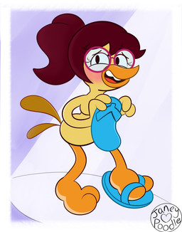 anthro beak breasts brown_hair clothing covering covering_breasts covering_crotch covering_self embarrassed embarrassed_expression embarrassed_naked_female eyelashes eyewear feathers feet female footwear footwear_only glasses hair mostly_nude nude nude_anthro nude_female open_beak open_mouth pink_eyewear pink_glasses ponytail round_glasses sandals sandals_only sandals_removed shoes simple_background solo standing tail tail_feathers teeth toes yellow_body yellow_skin janey_poodle baggy_(character) avian bird chicken galliform phasianid hi_res