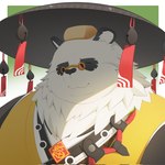 anthro asian_clothing asian_conical_hat cake chinese_clothing clothing dessert east_asian_clothing eyes_closed eyewear food fur glasses hat headgear headwear male multicolored_body multicolored_fur overweight roll_cake smile solo kemoket13b mihoyo zenless_zone_zero pan_yin_hu bear giant_panda mammal 1:1 bust_portrait hi_res portrait
