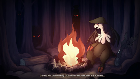 2_fingers 2_toes ambiguous_gender anthro campfire claws detailed_background dialogue featureless_crotch feet fingers fire forest glowing glowing_eyes green_body log plant red_eyes rock sitting_on_log solo text toes tree wings wood spacesmilodon nintendo pokemon breloom generation_3_pokemon ghost hybrid pokemon_(species) spirit 16:9 2015 english_text hi_res widescreen