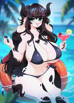 5_fingers alcohol anthro bangs belly beverage bikini black_bikini black_clothing black_eyebrows black_horn black_markings black_swimwear blush cherry clothing cocktail day ear_piercing eyebrows eyelashes eyewear eyewear_on_head female fingers food fruit green_eyes hair heart_(marking) holding_cocktail horn legs_in_water lime lips long_hair markings multicolored_body multicolored_hair outside partially_submerged piercing pink_lips pink_nose plant red_hair sea sidelocks sitting slightly_chubby solo spots spotted_body sunglasses sunglasses_on_head swimwear tail tail_tuft tuft two-piece_swimsuit two_tone_body two_tone_hair water wearing_sunglasses white_body wide_hips mokkapie bovid bovine cattle mammal colored digital_drawing_(artwork) digital_media_(artwork) hi_res shaded