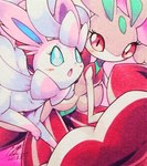 ambiguous_gender anthro blue_eyes blush blush_lines bow_(anatomy) duo eyelashes feral fur looking_at_viewer open_mouth paws pink_body pink_eyes pink_fur ribbons_(anatomy) simple_background tail text tongue white_body 025aki nintendo pokemon arthropod eeveelution generation_6_pokemon generation_7_pokemon insect lurantis pokemon_(species) sylveon 2025 absurd_res dated english_text hi_res signature