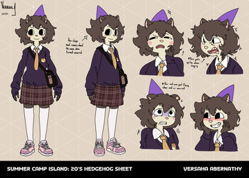 5_fingers aged_up angry anthro bag black_eyes blush blush_stickers bodily_fluids bottomwear clothing collared_shirt dress_shirt female fingers footwear hair happy hat headgear headwear legwear motion_lines necktie party_hat pattern_background pink_inner_ear pink_nose purple_clothing purple_sweater purple_topwear satchel shirt shirt_collar shoes short_hair simple_background simple_eyes skirt snaggle_tooth solo stockings sweater tears teeth text thinking tongue topwear verashaabrthy cartoon_network summer_camp_island hedgehog_(sci) eulipotyphlan hedgehog mammal 2025 english_text hi_res model_sheet