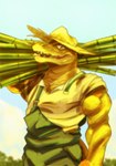 anthro bamboo clothing hat headgear headwear looking_at_viewer male open_mouth outside overalls shirt sky smile solo topwear 3rdharleyjoe crocodile crocodilian reptile scalie hi_res