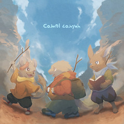 anthro backpack biped book bottomwear clothing detailed_background group holding_book holding_object hoodie humanoid_hands kemono male open_book outside pants shirt shorts stick text topwear young whistleglass camel_canyon mammal 1:1 2021 absurd_res hi_res