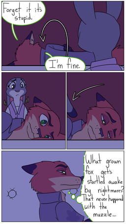 anthro dialogue duo female fur grey_body grey_fur inner_monologue lying male on_side orange_body orange_fur pointy_ears rabbit_ears rolling_over text thinking hahstudios disney zootopia judy_hopps nick_wilde canid canine european_rabbit fox lagomorph leporid mammal oryctolagus rabbit red_fox true_fox comic english_text