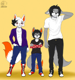 anthro black_body black_fur black_hair black_nose clothing family female fur grey_body grey_fur hair male orange_body orange_fur pink_nose white_body white_fur allartskye jazmin_slystone skye_(allartskye) arctic_fox canid canine canis fox mammal true_fox wolf hi_res