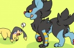 ambiguous_gender anus backsack balls blush butt duo exclamation_point feral genitals male simple_background size_difference tongue yellow_background kaiizree nintendo pokemon jaki-kun_(character) felid generation_4_pokemon generation_6_pokemon helioptile luxray mammal pokemon_(species) scalie trans_(lore) trans_woman_(lore)