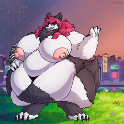 anthro areola belly belly_hair big_belly big_breasts big_feet body_hair breasts building city city_background claws digitigrade fangs feet female field flower fluffy fur grass grey_body grey_fur hair hand_on_belly long_hair morbidly_obese morbidly_obese_anthro narrowed_eyes navel neck_tuft neon_lights nipples obese obese_anthro overweight overweight_anthro paws plant raised_arm red_eyes red_hair reflection river sign skyscraper smile solo star sunset tail teeth thick_tail thick_thighs tuft white_body white_fur sv3n canid canine canis mammal wolf 1:1 cel_shading hi_res shaded watermark