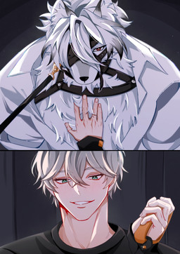 anthro bdsm clothing collar collared_shirt dress_shirt duo fur grey_hair hair harness kneeling leash leather leather_harness male male/male petplay roleplay shirt topwear white_body white_fur keasxk11 mihoyo zenless_zone_zero von_lycaon wise_(zenless_zone_zero) canid canine canis human mammal wolf hi_res