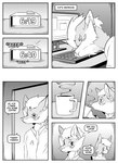 absurd_res alarm_clock anthro beverage black_and_white canid canine clock clothed clothing coffee comic computer container cup dialogue drinking duo ear_piercing electronics english_text fox hi_res hybrid inner_ear_fluff inside keyboard kif_yppreah kifyun2 lying male mammal monochrome on_side piercing raphael_yppreah sibling_(lore) simple_background sound_effects speech_bubble steam text tuft