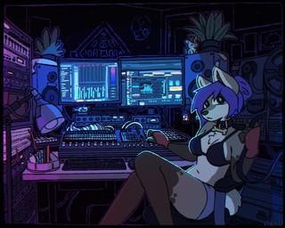 amazing_background anthro blue_hair bottomwear bra breasts chair chest_tuft clothing collar computer_monitor detailed_background female fingerless_gloves fur furniture gloves hair handwear plant plant_pot potted_plant shorts sitting solo toony tuft underwear eviex_01 canid canine canis mammal 2025 5:4 detailed