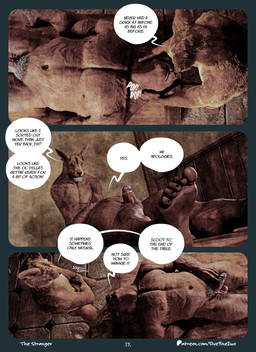 balls dialogue duo erection feet foreskin fur genitals glans male male/male muscular navel nipples nude pecs penile penis pubes scar text toes vein veiny_muscles veiny_penis 5ive9ine2wo felid kangaroo lion macropod mammal marsupial pantherine 3d_(artwork) absurd_res comic digital_media_(artwork) english_text hi_res url