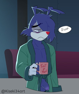 4_fingers anthro clothing coffee_mug eye_bags facial_markings fingers flaccid foreskin fur furniture genitals head_markings male markings mask_(marking) multicolored_body multicolored_fur narrowed_eyes penis purple_body purple_fur robe sofa solo speech_bubble text two_tone_body two_tone_fur white_body white_fur kiseki_art animaniacs animaniacs_(2020) anime-aniacs warner_brothers yakko_warner inkblot mammal 2024 english_text hi_res signature