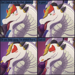 anthro black_body black_markings black_spikes bodily_fluids claws cum cum_on_face cum_on_tongue dialogue duo ejaculating_on_another ejaculation erection eyebrows eyes_closed facial_spikes finger_claws foreskin four_frame_sequence genital_fluids genitals glans gold_(metal) gold_jewelry green_eyes horn humanoid_genitalia humanoid_penis jewelry leaking_precum licking looking_at_another looking_at_genitalia looking_at_partner looking_at_penis looking_pleasured male male/male markings oral penile penis penis_lick precum presenting red_eyebrows sex sharp_teeth solo_focus speech_bubble spikes spikes_(anatomy) teeth text tongue tongue_out vein veiny_penis white_body ryudorubr bushiroad future_card_buddyfight mythology chibi_panda_(buddyfight) demon_lord_dragon_batzz dragon mythological_creature mythological_scalie scalie 1:1 2025 absurd_res comic digital_drawing_(artwork) digital_media_(artwork) english_text hi_res sequence signature