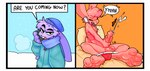 2_panel_comic 4_toes absurd_res annoyed anthro balls blush blush_lines bodily_fluids breath cellphone cheek_tuft chest_tuft clothing cum cumshot dialogue duo ejaculation electronics english_text erection eyes_closed facial_tuft feet foreskin fur genital_fluids genitals half-closed_eyes hi_res hoodie humanoid_genitalia humanoid_penis humor jockstrap lagomorph leporid looking_pleasured male mammal masturbation narrowed_eyes on_phone open_mouth orange_background orgasm penile penile_masturbation penis phone pun purple_body purple_fur rabbit scarf simple_background smartphone snow sound_effects speech_bubble text toes topwear tuft underwear vein veiny_penis xing1