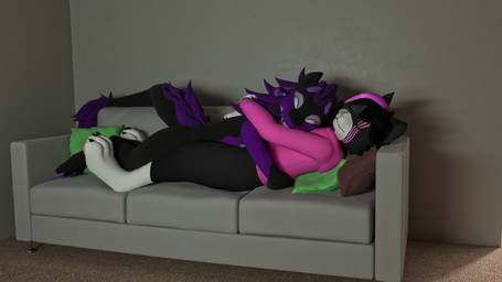anthro bisexual_pride_colors black_body black_bottomwear black_clothing black_fur black_pants bottomwear clothing cuddling duo eyes_closed female fur furniture hug lgbt_pride male male/female narrowed_eyes pants pillow pride_colors purple_body purple_fur smile sofa smallconfusion saber_(saber6301) taylor_(smallconfusion) domestic_cat felid feline felis mammal wickerbeast absurd_res blender_(artwork) digital_media_(artwork) hi_res