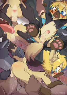 anal anthro anus balls barefoot blonde_hair blue_eyes bodily_fluids destroyed_clothing erection fangs feet fellatio forced genital_fluids genitals group hair heterochromia lying male male/male male_rimming_male mmm_threesome navel nude_male on_back oral pawpads penile penis precum rape restrained_arms rimming rimming_male sex side_view surprised tail tears teeth tongue tongue_out yellow_eyes young young_anthro young_male manmosu_marimo rareel hyena mammal 2026 absurd_res hi_res