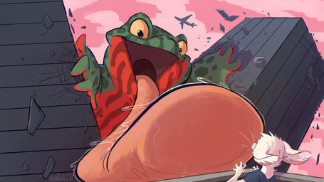aircraft airplane anthro building building_destruction destruction duo ears_back extended_tongue extreme_size_difference fur imminent_vore long_tongue macro pivoted_ears size_difference tongue tongue_out vehicle white_body white_fur yellow_sclera animancer gob_(aevsivs) luck_(animancer) amphibian dipodid frog jerboa mammal rodent 16:9 2025 absurd_res hi_res widescreen