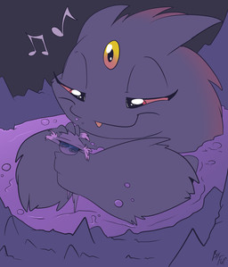3_eyes ambiguous_gender anthro bathing bathing_another biped closed_smile dark_body duo eyebrows female grey_body holding_another larger_female legless looking_at_another mouth_closed multi_eye musical_note musical_symbol size_difference smaller_ambiguous smile spiral spiral_eyes symbol tongue tongue_out tuft fuf nintendo pokemon generation_4_pokemon generation_6_pokemon mega_evolution mega_gengar mismagius pokemon_(species) 2019 hi_res