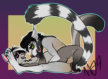 alternative_fashion anal anal_penetration anthro bite biting_lip black_body black_fur black_lips bodily_fluids border caressing_face duo ears_back facial_hair fangs fur green_sclera grey_body grey_fur hair half-closed_eyes licking lips looking_pleasured love lying male male/male male_penetrated male_penetrating male_penetrating_male markings moobs multicolored_hair narrowed_eyes nipple_fetish nipple_play nipple_suck notched_ear nude on_back penetration pivoted_ears potbelly punk purple_border raised_tail red_sclera ring_(marking) ringed_tail romantic romantic_couple saliva saliva_on_breasts sex sideburns simple_background sitting sitting_on_ground skull_(marking) slightly_chubby slightly_chubby_anthro slightly_chubby_male straddling striped_markings striped_tail stripes sucking tail tail_markings teeth tongue tongue_out two_tone_hair yellow_background mangybones izzy_(cadaverrdog) robbie_(mangeybones) american_opossum australian_possum lemur mammal marsupial petaurid primate ring-tailed_lemur strepsirrhine sugar_glider