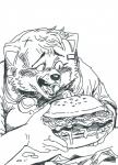 2017 5_fingers accessory anthro biped black_and_white black_eyes black_nose blush burger bust_portrait canid canine canis cc-by-nc-nd cheek_tuft clothed clothing creative_commons domestic_dog dripping eating eyebrows facial_tuft fangs female fingers food fully_clothed fur hair hair_accessory hairclip head_tuft hi_res holding_food holding_object humanoid_hands humor kemono korean leaning line_art mammal meme monochrome obese obese_anthro obese_female open_mouth overweight overweight_anthro overweight_female pigtails portrait raised_eyebrows reaction_image ryonggay sharp_teeth shirt short_hair silly_face simple_background sitting snout solo teeth tongue topwear traditional_media_(artwork) tuft white_background white_body white_fur white_hair wide_eyed