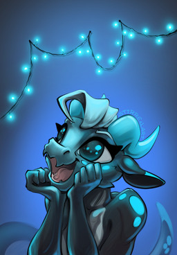 anthro christmas_decorations christmas_lights ears_back fangs female horn markings mohawk open_mouth pivoted_ears solo sparkles spots spotted_body tail tail_motion tailwag teeth stirren stirren_(stirren) kobold scalie hi_res portrait