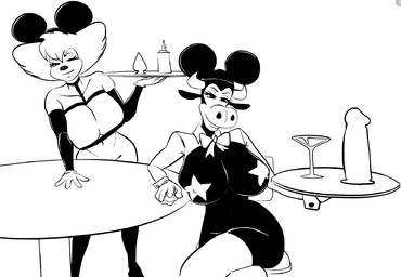 anthro armwear beverage big_breasts black_body bow_tie breasts buttplug clothing condom_wrapper costume curvy_figure dildo duo elbow_gloves fake_mouse_ears female furniture gloves handwear horn huge_dildo leather leather_strap legwear looking_at_viewer mickey_mouse_ears pasties platter plug_(sex_toy) reverse_bunny_costume seductive sex_toy straps table thigh_highs voluptuous voluptuous_female necrolepsy disney goof_troop clarabelle_cow peg_pete bovid bovine cattle domestic_cat felid feline felis mammal 2026 hi_res monochrome