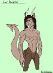 2016 anthro casual_nudity crotch_tuft demon digital_media_(artwork) featureless_crotch felid flyingram fur grin hair hi_res horn hybrid long_hair looking_away male mammal muscular muscular_anthro muscular_male nude portrait smile snout solo spade_tail standing tail thick_tail three-quarter_portrait tuft