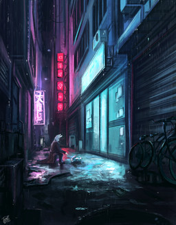 alley anthro bicycle biped clothed clothing detailed_background fur kneeling night outside raining vehicle white_body white_fur tomtc dr_rabbit_(tomtc) lagomorph leporid mammal rabbit 2021 absurd_res dated hi_res