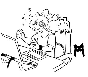 5_fingers ambiguous_gender anthro bodily_fluids clothing computer drawing_tablet duo electronics emanata eyewear fingers gaming_chair glasses hair messy_hair pillow ponytail round_glasses shirt solo sweat sweatband t-shirt text topwear wristwear nerdyreindeer nintendo pokemon aquatic brionne domestic_cat felid feline felis generation_7_pokemon mammal pinniped pokemon_(species) 2026 black_and_white monochrome