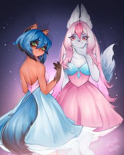 anthro blue_body blue_eyes blue_fur blue_hair brown_body clothed clothing concert duo eyebrows facial_markings female female_anthro fully_clothed fur furgonomics hair head_markings inner_ear_fluff japanese_idol long_hair markings multicolored_body multicolored_fur multicolored_hair pink_body pink_fur pink_hair red_eyes short_hair simple_background smile tail tail_through_skirt tuft two_tone_body two_tone_fur two_tone_hair white_body white_fur sharkxbark brand_new_animal studio_trigger michiru_kagemori nazuna_hiwatashi canid canine fox mammal raccoon_dog tanuki 4:5 hi_res