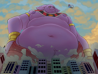 anthro areola armlet belly big_belly city duo fur gold_(metal) gold_jewelry jewelry macro male micro moobs nipples overweight overweight_male purple_body purple_fur size_difference dragon_ball dragon_ball_super beerus champa domestic_cat felid feline felis mammal 4:3 hi_res