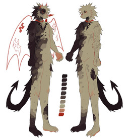 anthro arm_tattoo barefoot brown_spots cheek_tuft chest_tattoo expressionless facial_tuft feet fur hair head_tuft leg_tuft male male_anthro mottled mottled_body mottled_fur mouth_closed multicolored_body multicolored_fur red_chain simple_background solo spade_tail spots standing tail tan_body tan_fur tan_hair tattoo tuft two_tone_body two_tone_fur white_background spinelessfill3t mythology dragon furred_dragon furred_scalie mythological_creature mythological_scalie scalie absurd_res hi_res model_sheet