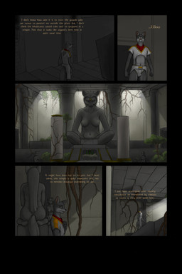 anthro clothed clothing column dialogue female fur green_eyes grey_body grey_fur hair long_hair male plant sculpture solo statue temple text vines ipoke ishara canid canine canis felid feline mammal wolf 2:3 comic english_text hi_res