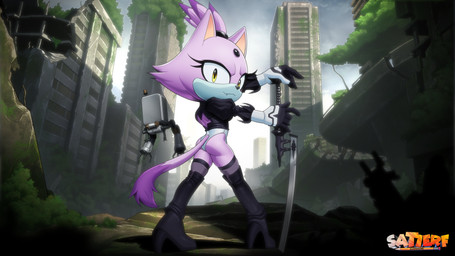 anthro boots butt city clothing dipstick_tail eyelashes fangs female footwear fur gloves handwear high_heeled_boots high_heels legwear leotard machine markings melee_weapon outside purple_body purple_fur shoes solo sword tail tail_markings teeth thigh_boots thigh_highs weapon white_body white_fur yellow_eyes satierf nier_automata platinumgames sega sonic_the_hedgehog_(series) blaze_the_cat yorha_2b domestic_cat felid feline felis mammal robot 16:9 2025 4k absurd_res hi_res widescreen