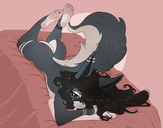 anthro barefoot bed black_hair blush clothing feet female fur furniture green_eyes grey_body grey_fur hair hat hat_only headgear headgear_only headwear headwear_only looking_at_viewer lying mostly_nude multicolored_body multicolored_fur on_bed on_front smile smiling_at_viewer soles solo two_tone_body two_tone_fur bard-bot canid canine mammal 2026 hi_res