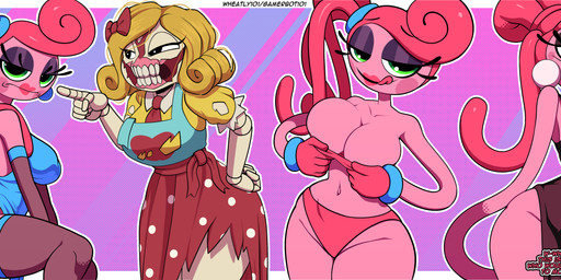 5_fingers abstract_background accessory bandeau bare_shoulders bedroom_eyes big_breasts black_eyes blonde_hair blue_clothing blue_dress border bow_ribbon breasts bulging_breasts clothed clothing curvy_figure dialogue doll_joints dress duo ear_piercing ear_ring eyelashes eyeshadow female fingers gem green_eyes hair hair_accessory hair_bow hair_over_eye hair_ribbon hourglass_figure jewelry legwear licking licking_lips light_body lipstick long_arms long_hair looking_at_viewer makeup mature_female mature_humanoid narrowed_eyes necklace panties pearl_(gem) pearl_necklace piercing pink_body pink_clothing pink_hair pink_lipstick pink_panties pink_skin pink_underwear ponytail purple_eyeshadow ribbons ring_piercing rosy_cheeks seductive segmented_arms skimpy skimpy_underwear small_waist stockings text thick_thighs tongue tongue_out topwear torn_clothing torn_dress underwear voluptuous voluptuous_female voluptuous_humanoid white_border wide_hipped_female wide_hipped_humanoid wide_hips barryfactory mob_entertainment poppy_playtime miss_delight mommy_long_legs animate_inanimate humanoid living_toy 2025 absurd_res artist_name digital_drawing_(artwork) digital_media_(artwork) english_text hi_res watermark
