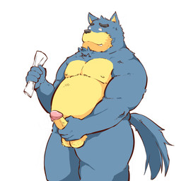 anthro balls belly black_nose blue_body blue_fur erection fur genitals humanoid_genitalia humanoid_hands humanoid_penis kemono male moobs nipples overweight overweight_anthro overweight_male penis simple_background solo white_background andikapatok canid canine canis mammal wolf 1:1 2015